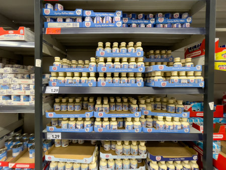Germany Berlin August 31, 2024. A row of cans labeled coffee milk.のeditorial素材