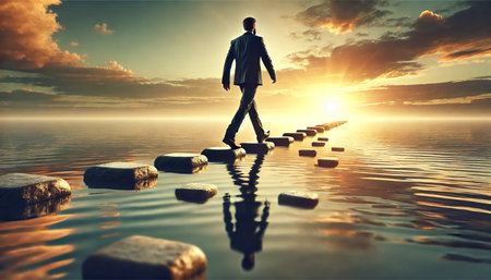 A man walks on stones lying in a pond. The bridge is made of stones, and the water is calm. The man is dressed in a suit and focused on his path. Determination and goal conceptの素材