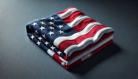 A folded American flag lays on a grey surface. The flag is red, white, and blue with starsの素材