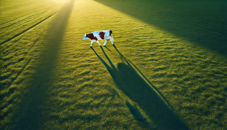 A cow is walking through a field of grass. The cow is brown and white. The grass is green and the sun is shining on itの素材