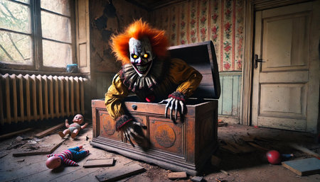 A creepy clown is sitting in a wooden chest. The chest is surrounded by a lot of clutter, including a doll and a few books. Scene is eerie and unsettlingの素材