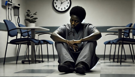 A woman in a hospital sits on the floor with her head in her hands. The room is sparsely furnished, with a few chairs and a clock on the wall. The scene is dark and broodingの素材
