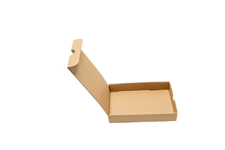 A cardboard box is opened and the inside is empty. The box is brown and has a white backgroundの写真素材