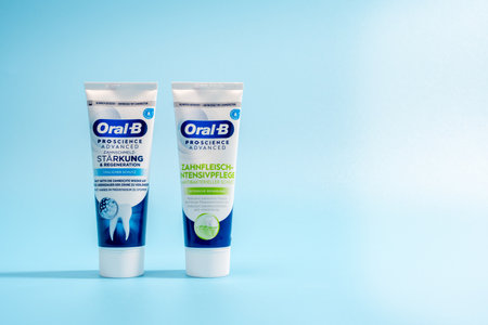 Germany Berlin November 26, 2024 Two tubes of toothpaste, one of which is blue and the other is...