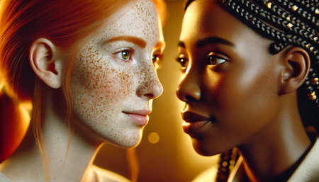 Two women with different skin tones are looking at each other. The woman on the left has red hair and freckles, while the woman on the right has dark skinの素材