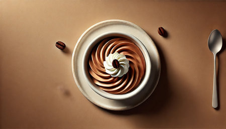 A dessert with whipped cream and chocolate on top of a white plate. The dessert is placed on a table with a spoon next to it. The dessert looks delicious and inviting, and the presentation is simpleの素材