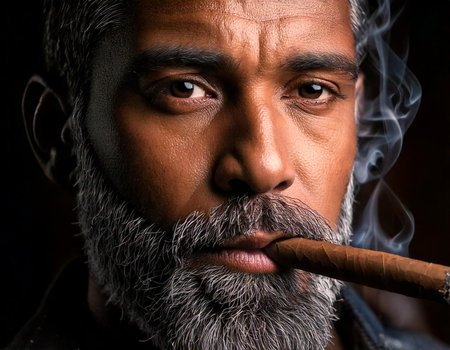 A man with a beard and mustache holding a cigar. The smoke is coming out of the cigarの素材