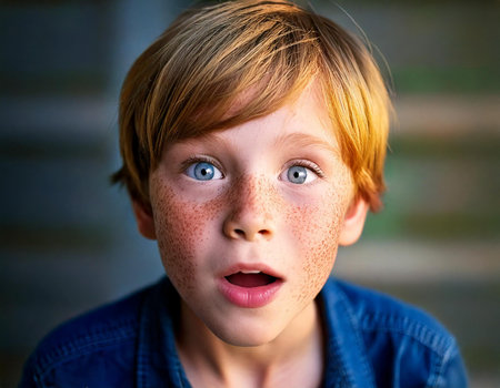 A boy with blue shirt and red hair. He has blue eyes and a blue shirt. He is looking at the cameraの素材