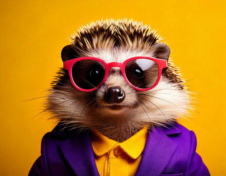 A small animal wearing a purple suit and yellow shirt with sunglasses on. The animal is smiling. The sunglasses are pinkの素材