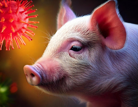 A pig with a red virus on its face. The virus is in the shape of a ballの素材