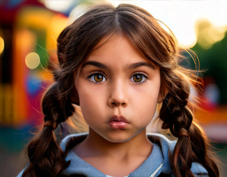A young girl with brown hair and brown eyes. She has her hair in pigtails. She is wearing a blue shirtの素材