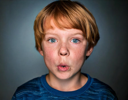 A boy with red hair and blue shirt. He is looking at the camera. He has a mouth openの素材