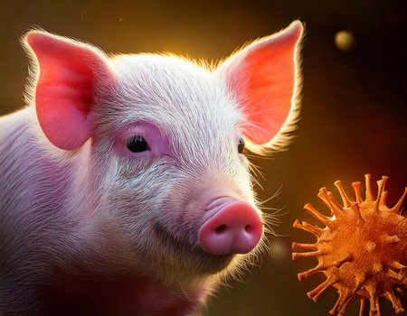 A pig with a virus in its mouth. The pig is white and pink. The virus is orangeの素材