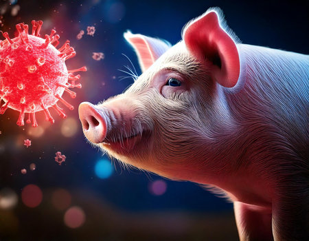 A pig is shown with a red virus in its mouth. The pig is looking at the cameraの素材