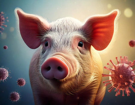 A pig with a pink nose and red eyes. The pig is surrounded by a cloud of virusesの素材
