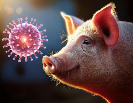 A pig is looking at a virus. The virus is pink and has a round shape. The pig is smilingの素材