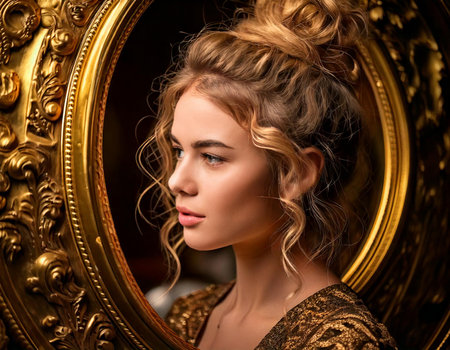 A woman with long blonde hair and a gold frame. She is wearing a gold dress. She is looking at the cameraの素材