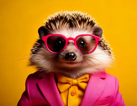 A hedgehog wearing a pink suit and glasses. The hedgehog is smilingの素材