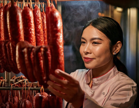 A woman is looking at a rack of meat. She is wearing a chef's uniform. The meat is hanging from the ceilingの素材