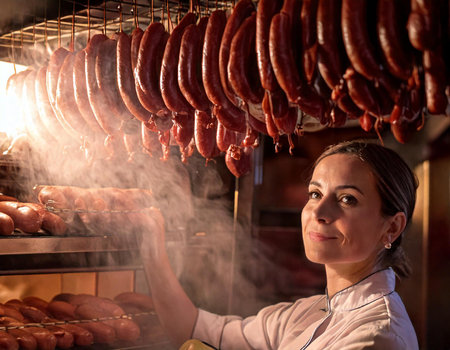 A woman stands in front of a counter with a sausage. She smilesの素材