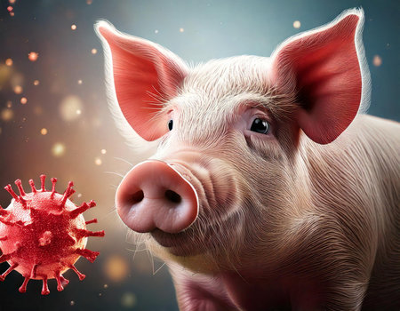 A pig with a red virus on its face. The pig is looking at the cameraの素材