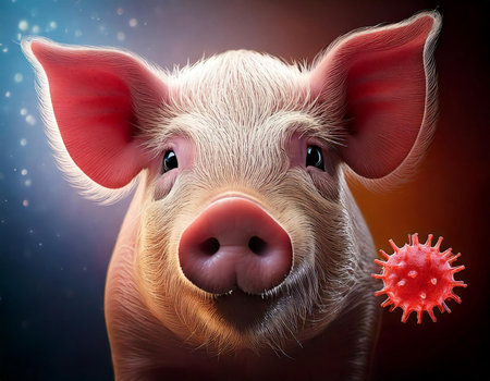 A pig with a red nose and a red ball in its mouth. The ball is a virusの素材