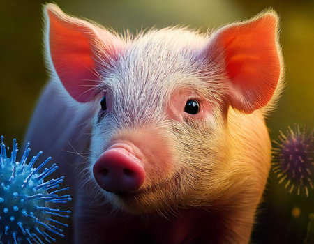 A pig with a pink nose and a black eye. The pig is looking at the camera. There are some black and white specks in the backgroundの素材