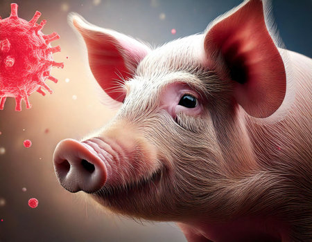 A pig with a red virus on its face. The virus is in the background. The pig is looking at the cameraの素材