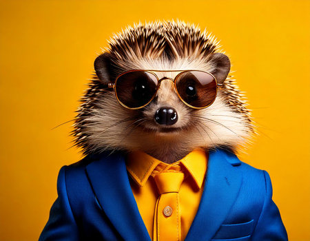 A hedgehog wearing a suit and sunglasses. The hedgehog is wearing a yellow shirt and blue suitの素材
