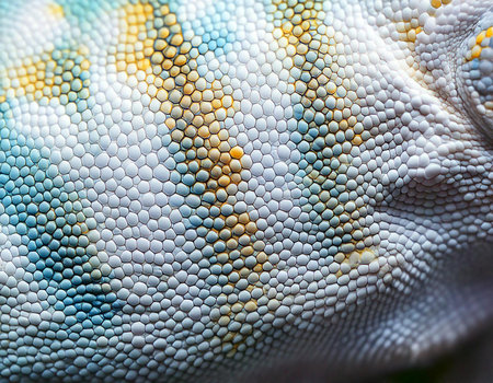 A lizard's skin has a blue, yellow, and white pattern. The blue and yellow colors are on the same spotの素材