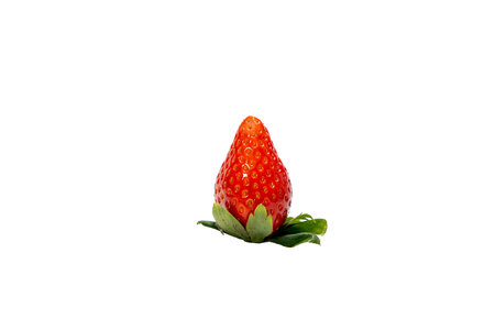 A strawberry is on a leaf. Strawberry isolated on white background. The stem is visible. The leaf is green. The strawberry is redの写真素材
