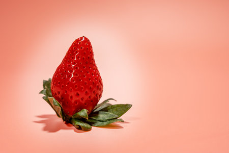 A red strawberry is on a leaf. The leaf is green. The strawberry is on a pink background