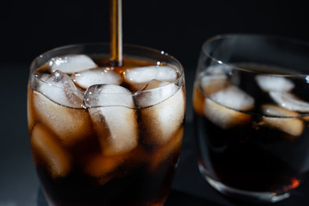 A glass of soda with ice cubes in it. A straw is in the glassの写真素材