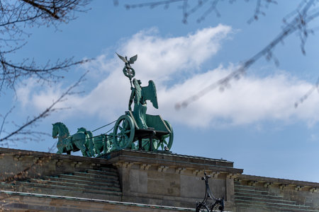 The chariot statue on top of the Brandenburg Gate. Close-up of the chariot statue.の写真素材