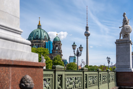 Germany Berlin May 7, 2025. Berliner Dom and the roadway next to it. In the background is a television tower. Streets of the city of Berlin.の写真素材