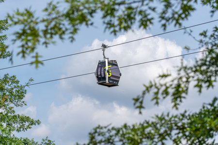 A single gondola cabin drifts elegantly framed by tree branches against a soft cloudy sky. Serene passage above leafy green.の写真素材