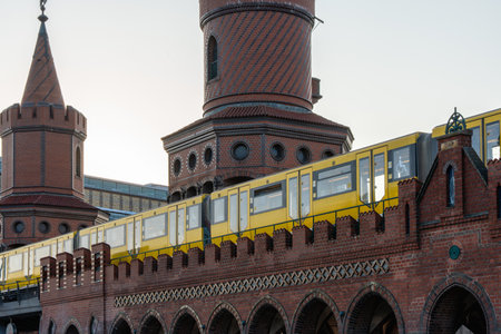 A yellow U-Bahn train crosses a historic red-brick arched bridge at sunset. Berlin s iconic...