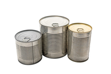 Three metallic tin cans with easy-open pull-tab lids, isolated on a white background. Sealed and ready for storage or retail.の写真素材
