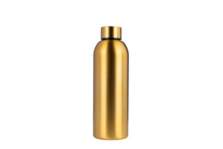 A gold metal thermos bottle standing upright with a closed lid, isolated on a white background. The design is minimalist and modern with a sleek, reflective finish.の写真素材