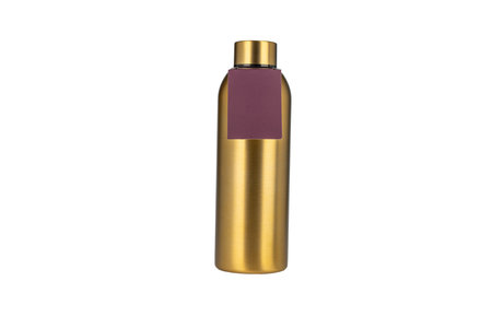 A sleek gold thermos bottle with a matte purple label on the front, isolated on a white background. The bottle has a glossy finish and a minimalist design.の写真素材