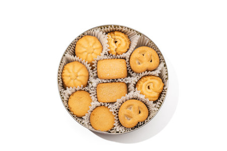 Danish Butter Cookies in Tin White Background. A classic assortment of Danish butter cookies...