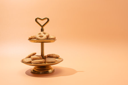 Danish butter cookies are arranged on a two-tier golden stand with a heart handle, placed on a soft...