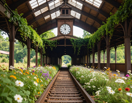 Floral train platform under wooden roof. A vintage railway station is now a blooming garden, with flowers lining the tracks beneath a wooden canopy. Nature and history merge in perfect harmony.の素材