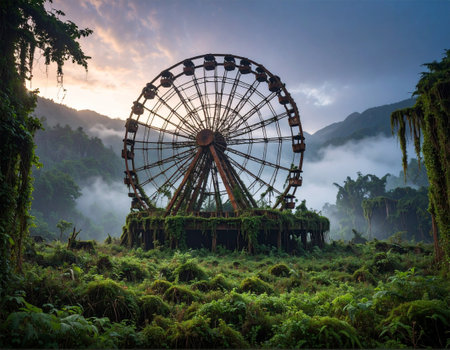Abandoned ferris wheel in overgrown jungle at dawn. A rusting ferris wheel stands forgotten in the misty jungle, overtaken by moss and plants. Nature reclaims this relic of human entertainment.の素材