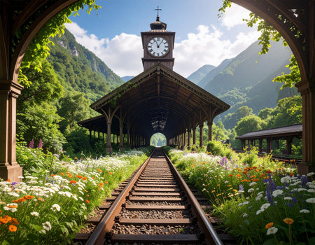 Old train station in mountains with wildflowers. An abandoned train station in a lush valley bursts with wildflowers growing along the tracks. Mountains rise in the background under a clear sky.の素材
