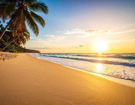 Empty sandy beach with palm trees. An empty tropical beach at sunset offers perfect tranquility. The light reflects on the smooth sand and water.の素材