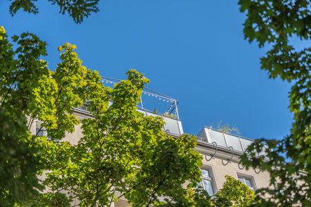 Roof terraces with glass railings and fairy lights, framed by green treetops. Summery urban scene.の写真素材