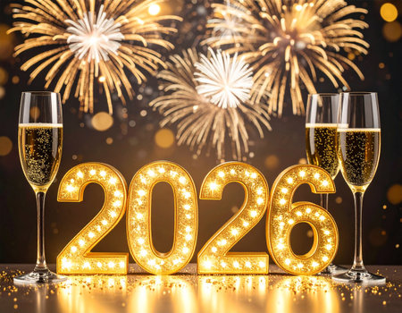 Shiny LED numbers 2026 glow golden between champagne glasses. Fireworks sparkle in the background.の素材