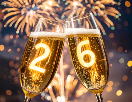 Close-up of two champagne glasses clinking together with glowing numbers 2 and 6 inside, surrounded by golden fireworks. Sparkling New Year s cheer.の素材