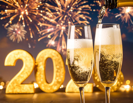 Golden 2026 glows with champagne being poured into two tall glasses. Fireworks illuminate the night in a dazzling New Year s celebration.の素材